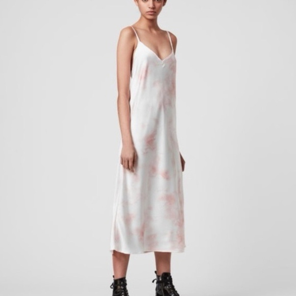All Saints Slip V-Neck Midi Dress Dusty Soft Pink Tie Dye